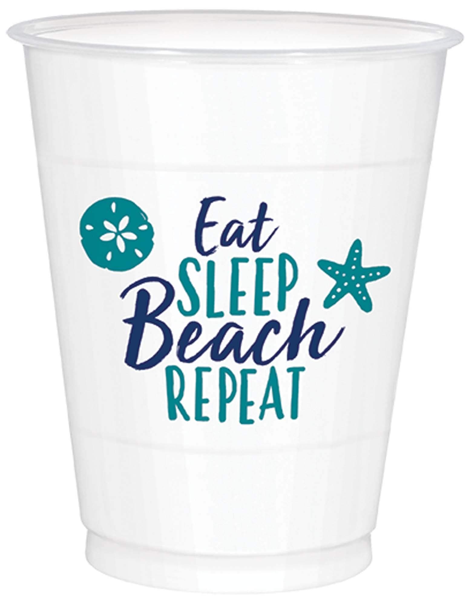 Amscan Eat, Sleep, Beach Repeat Plastic Cups - 16 oz. (Pack of 25) - Durable, Vibrant, and Perfect for Beach Parties, BBQs, and Celebrations