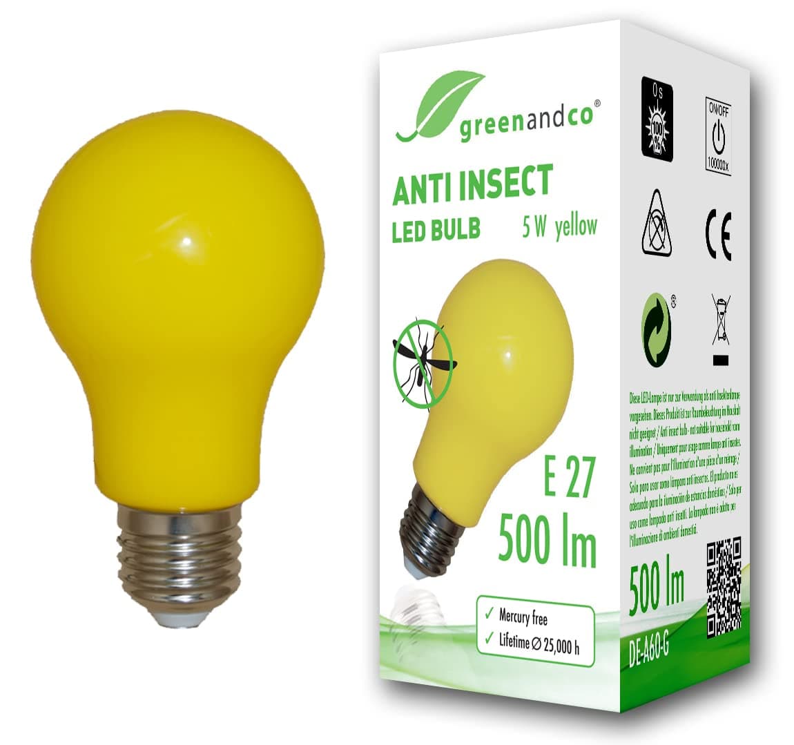 greenandco® Anti-Mosquito and Anti-Insect LED Bulb E27, Yellow, 5W, 500lm, wavelength 560-580nm, Non-dimmable