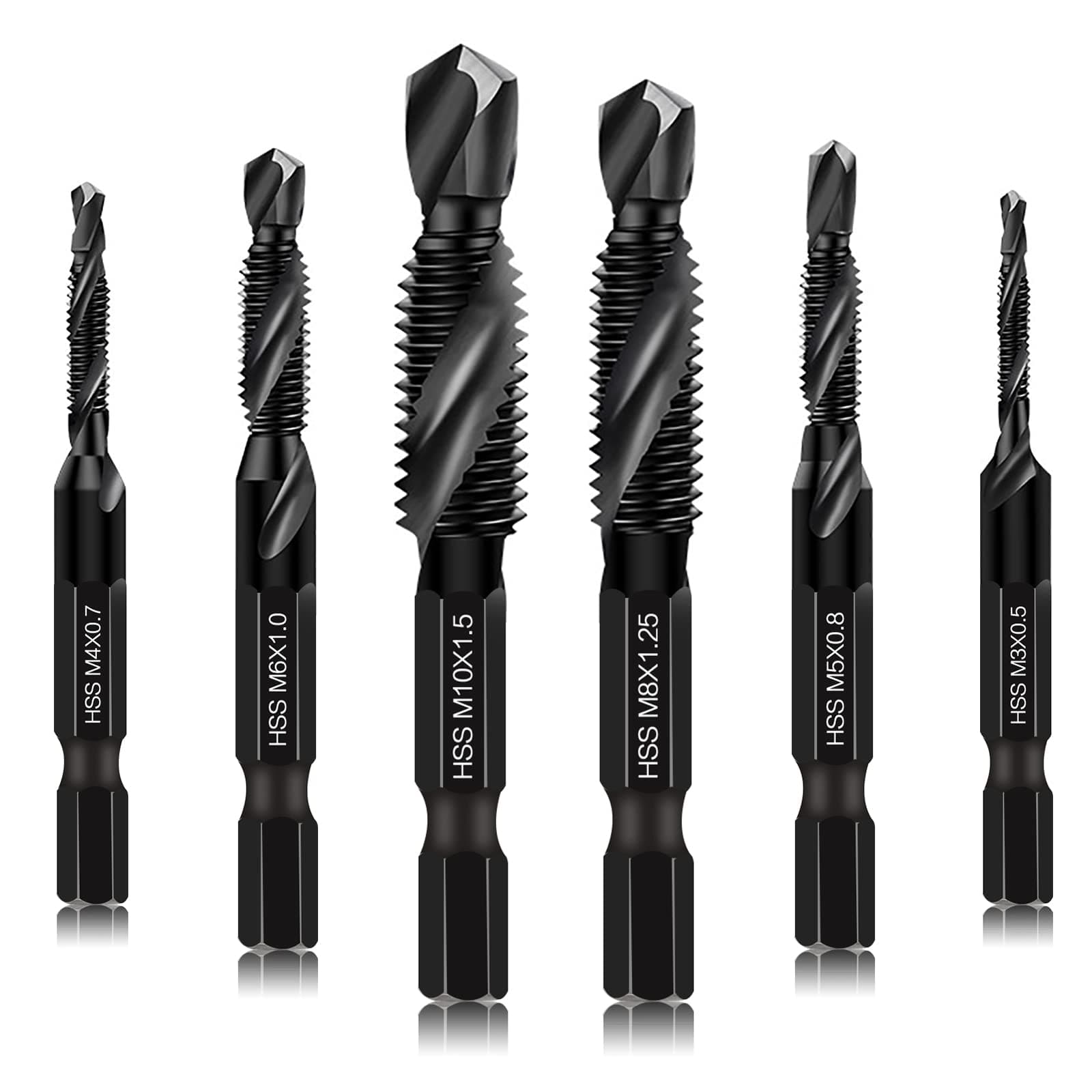 – 6 Packs Combination Drill & Taps Bit Set, Screw Tapping Threading Tools in Sizes M3*0.5 M4*0.7 M5*0.8 M6*1.0 M8*1.25 M10*1.5 with Anti-rust Black Coating, 6mm Hex Shank and Storage Case