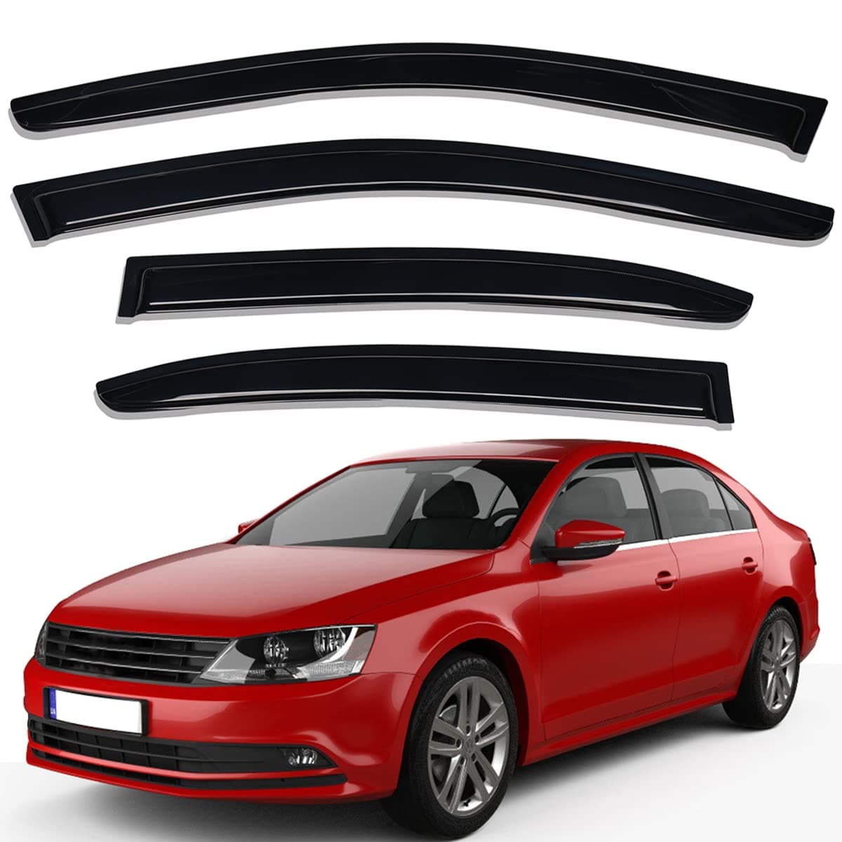 Lightronic Extra Durable Outside-Mount Auto Vent Window Visor, Fits 2011-2018 Volkswagen Jetta, UV Protection Rain Guard, Original Wind Deflector, No-Drill Easy Install, Dark Smoke, 4-Pcs