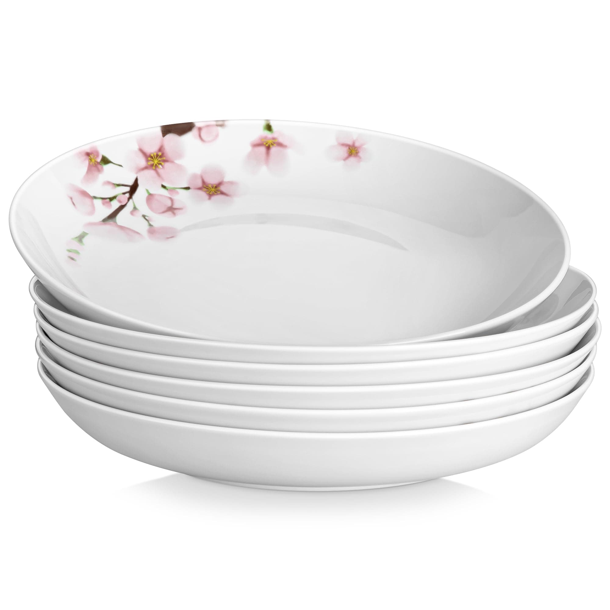 VEWEET Pasta Bowls Set 48 OZ White Serving Bowls with Pink Floral, 10.5 Inch Ceramic Pasta Plates, Salad Bowls Set of 6, Microwave & Dishwasher Safe, Series Annie