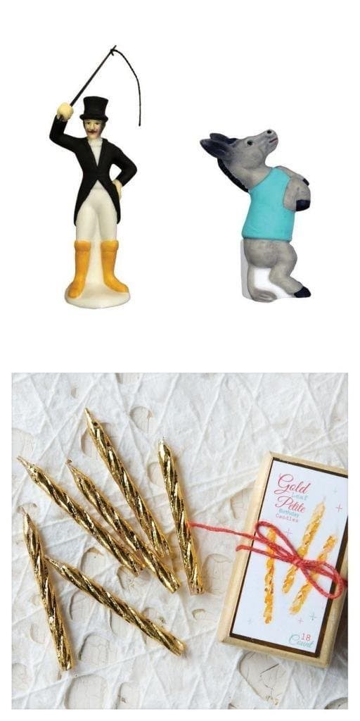 Glitterville Happy Birthday Cake Candle Holder Circus Set with Gold Party Candles, Ringmaster and Donkey