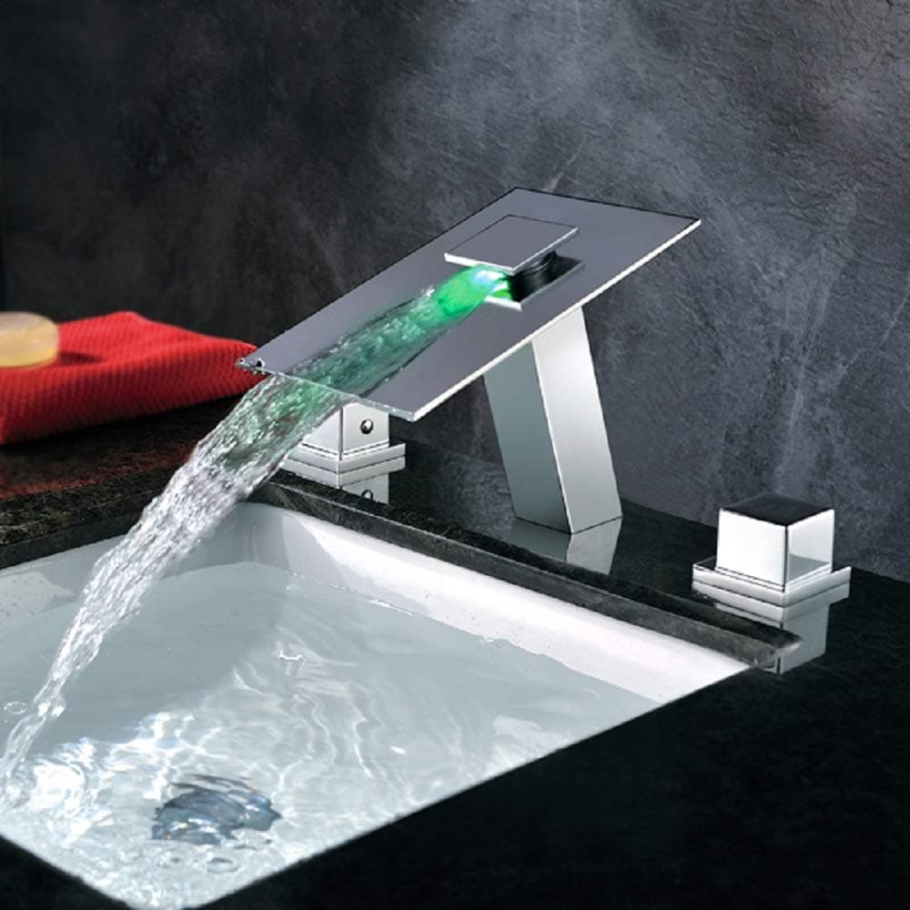 Cascada Color Changing LED Waterfall Bathroom Sink Faucet (Chrome Finish) - Two Handles (HDD745)