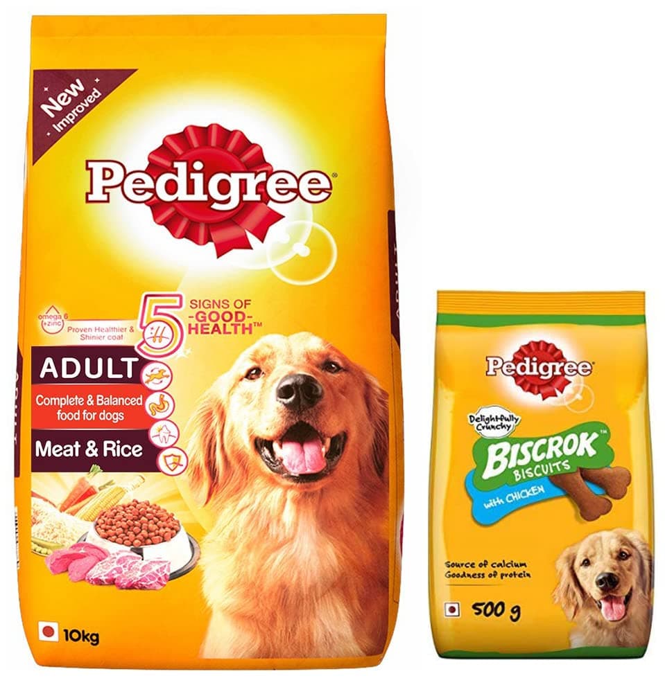 Pedigree Adult Dry Dog Food, Meat & Rice, 10kg Pack & Biscrok Biscuits Dog Treat (Above 4 Months) Chicken Flavour, 500g Pack