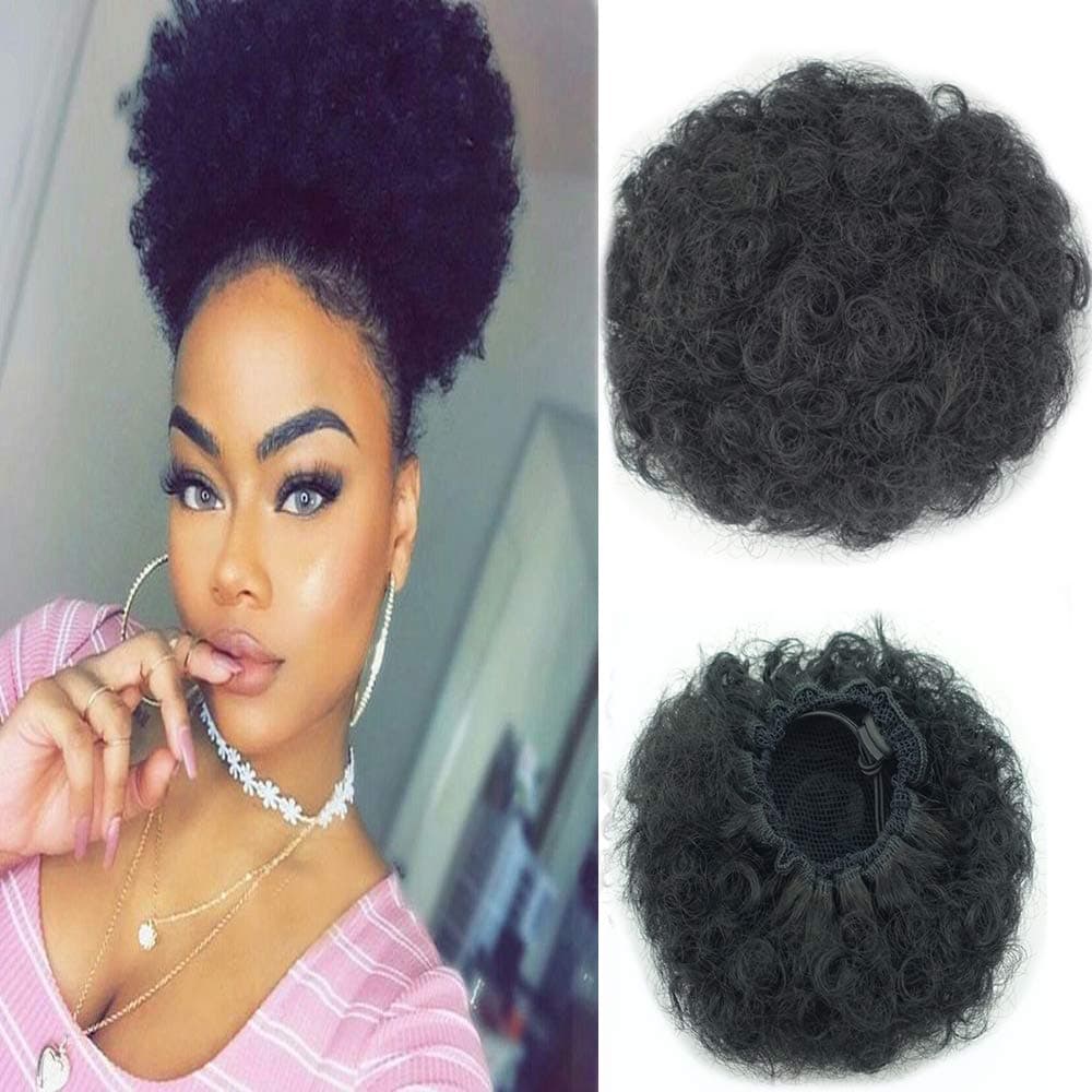 Xiaoliangyiyz Ponytail Hair Afro Kinky African American Synthetic Hair Bun Extensions Wig Drawstring Puff Ponytail (black 1B)