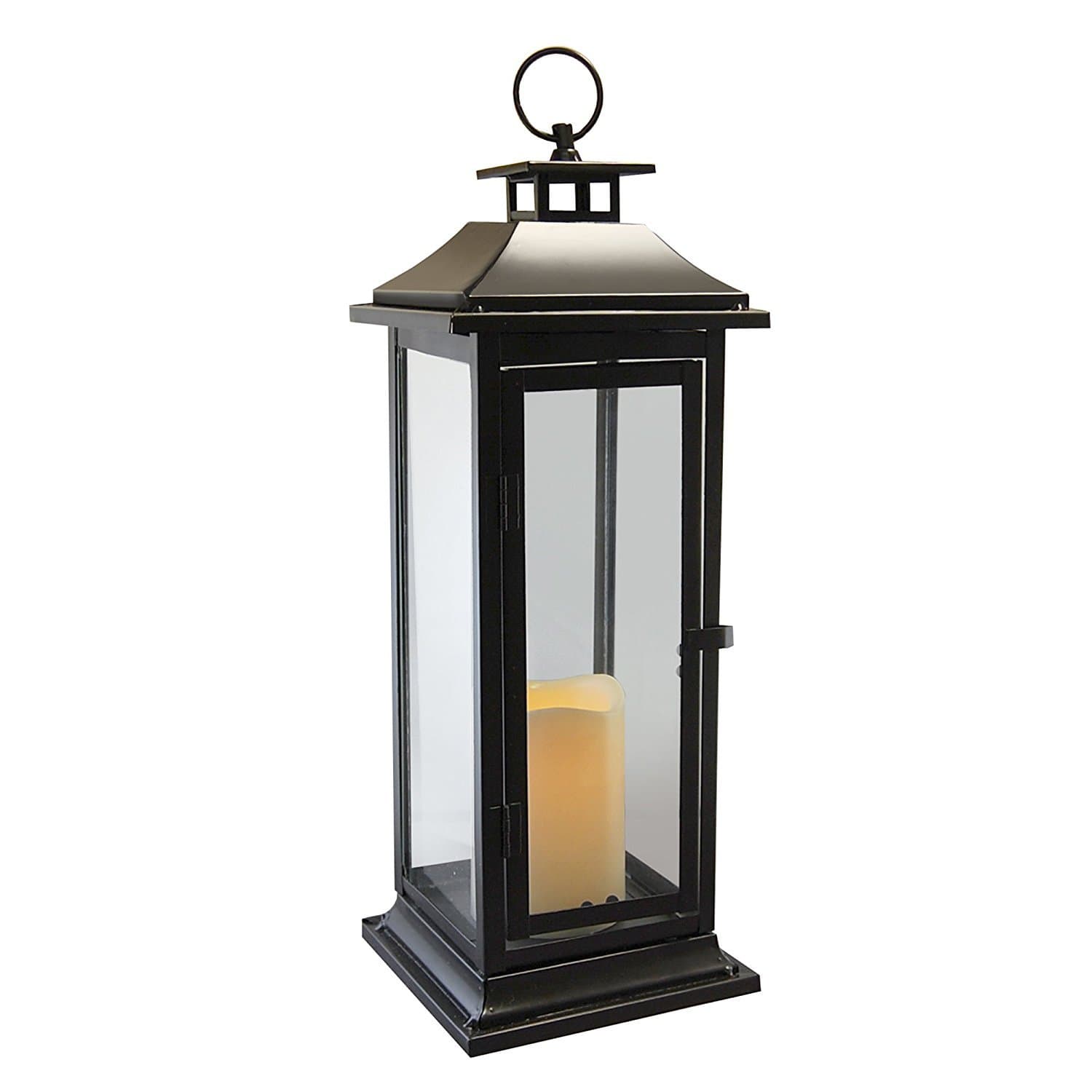 Lumabase Metal Lantern with Battery Operated Candle - Traditional Black, 17" Lantern, 90401, Size: Lantern size: 6 x 6 x 17 ; LED candle size: 3 x 3 x 4.5 inches