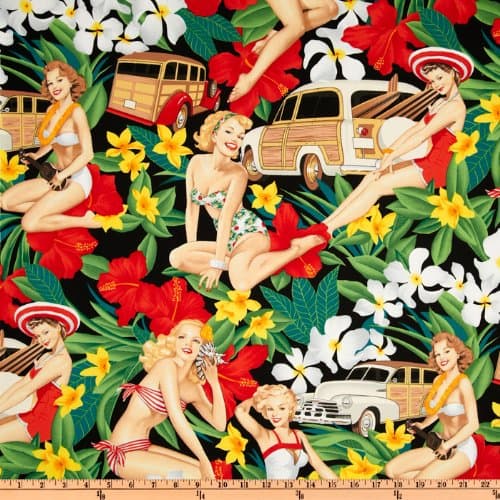 Alexander Henry Pin Ups Aloha Girls Black Fabric by The Yard