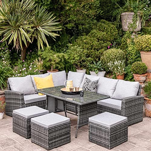 Laura James 9 Seater Rattan Corner Sofa Set - Outdoor Garden Dining Table (Grey)