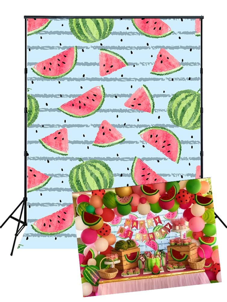 Muzi Photography Backdrops Cartoon Watermelon Blue Stripes Photo Background Fresh Fruit Pattern Wallpaper Room Decor Baby Birthday Party Photoshooting Prop 5x7ft XT-6623