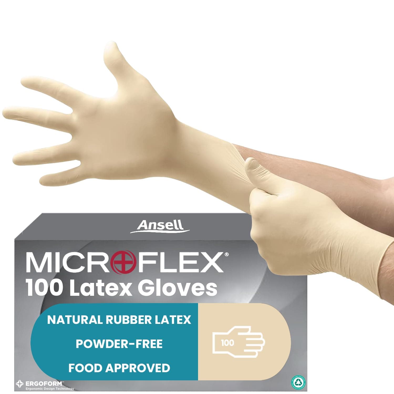 Ansell MicroFlex 63-864, Disposable Gloves with Textured Fingertips, Industrial Safe Latex Gloves, Powder Free Certified Food Gloves, Multipurpose Work Gloves, White Latex Gloves Large, 100 Gloves