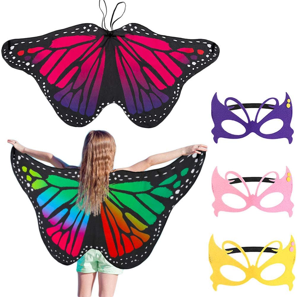 FANTESI 2 Pcs Kids Butterfly Wings, Halloween Fairy Butterfly Cape Wings Costume Butterfly Shawl Pixie Poncho Costume for Boys Girls Dress Up Princess Pretend Play Party Favors