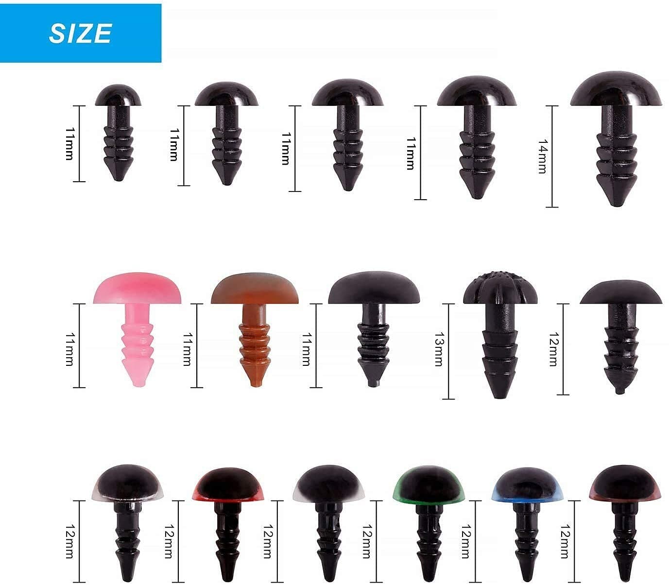 600PCS Plastic Safety Eyes and Noses,6mm-14mm Colorful Crochet Toy Eyes and Noses with Washers for Amigurumi Craft Doll Puppet Plush Animal and Teddy Bear (Coloured)