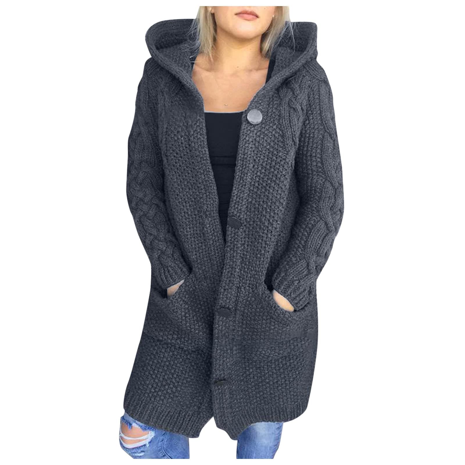 Chunky Knit Cardigan Ribbed Sweaters Thermal Winter Hoodies For Women Uk Hooded Thick Warm Outerwear Long Sleeve Button Down Cardigans Knited Jackets Solid Colour Loose Coats With Pockets