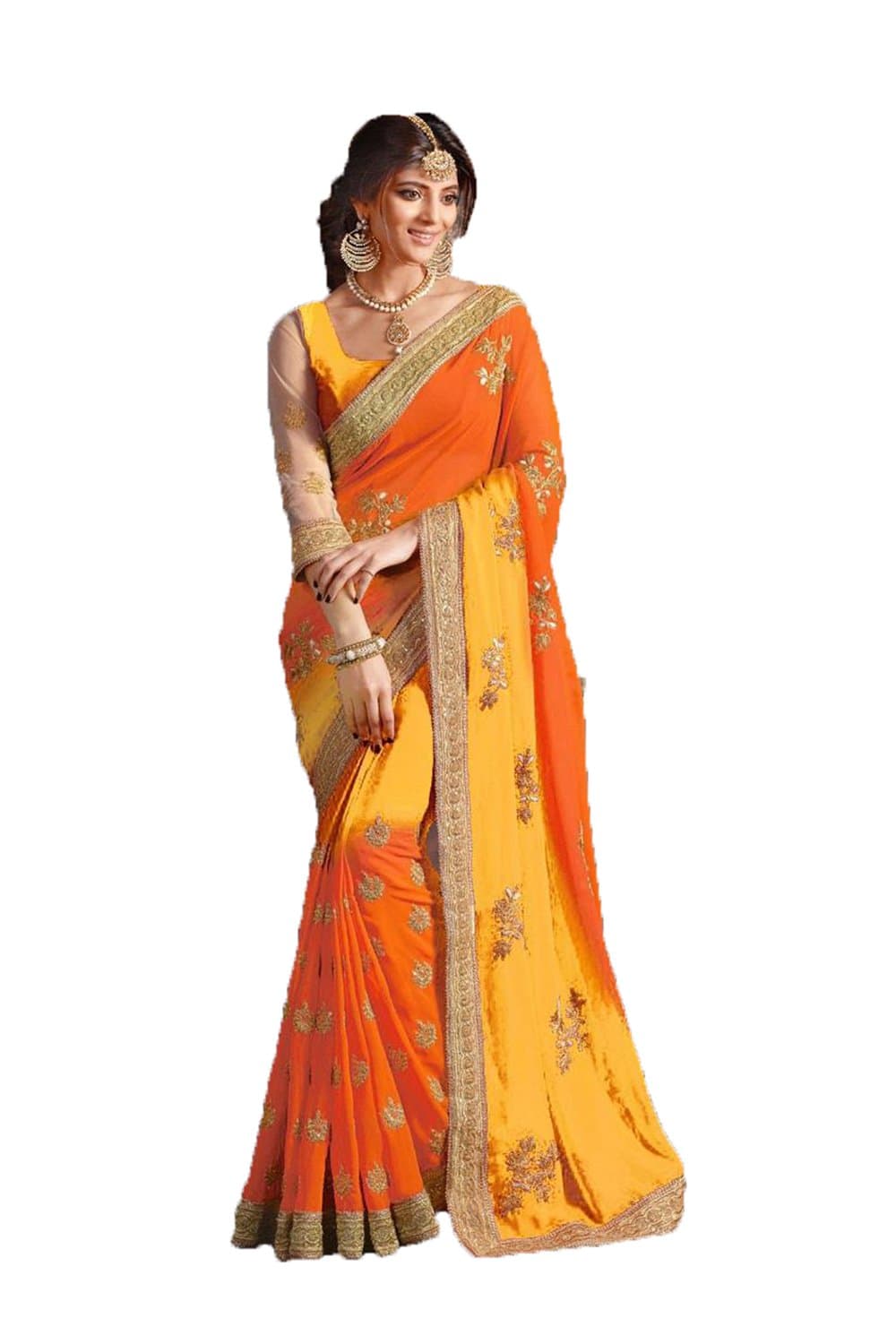 Indian Fashion Indian Women Designer Party wear Orange and Yellow Color Saree Sari