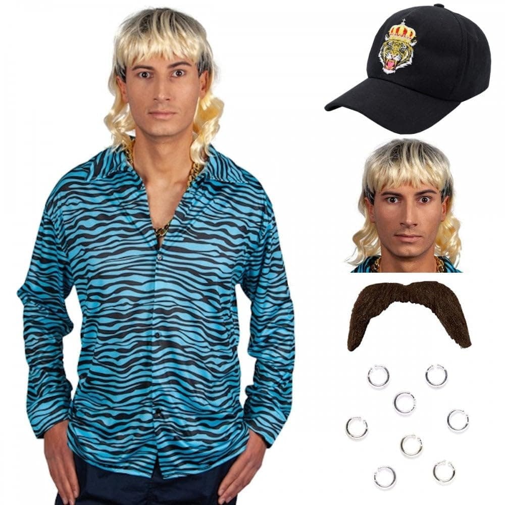 Adult Mens Tiger King Joe Exotic Shirt + Mullet Wig + Moustache + Tiger Hat + Clip-on Piercings : Wild Animal Zoo Halloween Fancy Dress Costume Set …