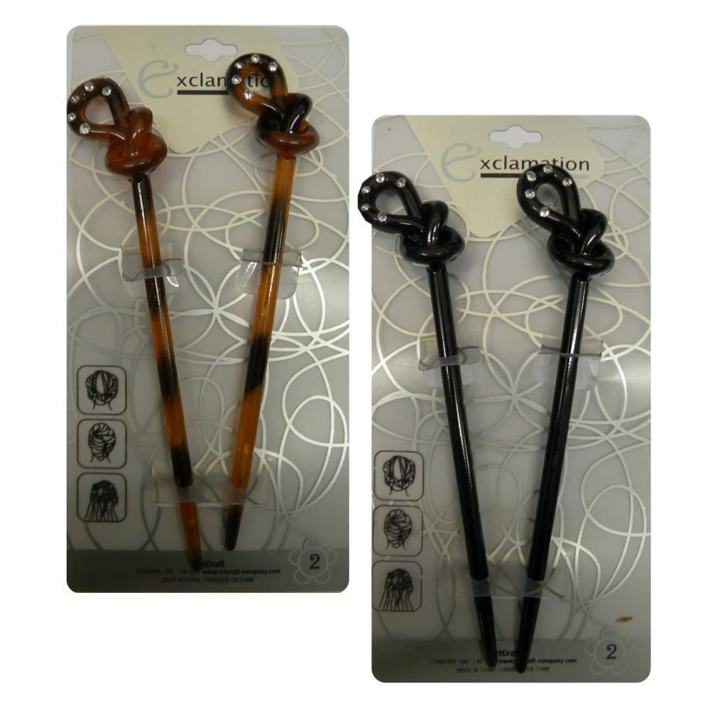 Knot Design Hair Sticks with Rhinestones, Two Sets of 2, Black and Tortoise Shell Brown (4 Pieces)