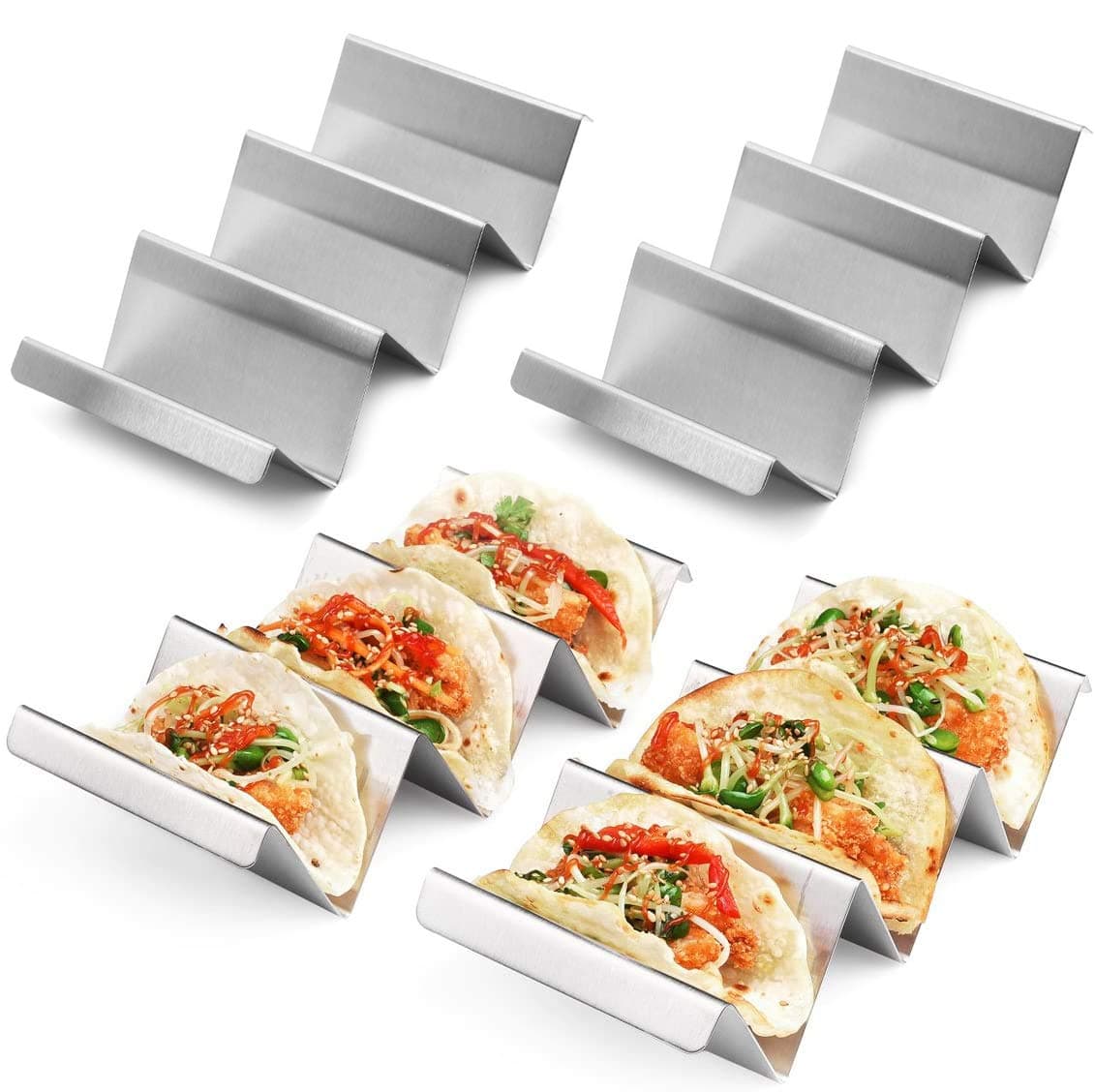 Funito Taco Holder Stand - Set Of 4 Oven & Grill Safe Stainless Steel Racks With Handles Fill Serve Tacos Ease Trays