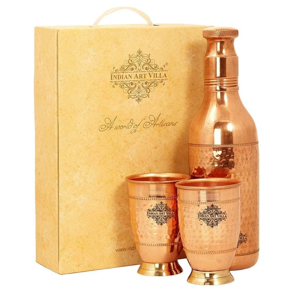 Pure Copper Drinkware Gift Set of Cocktail Design 1 Bottle & 2 Glass with Gift Box, Gift Item for Diwali, Bithday & Parties, Bottle-1.15 liter & Glass-450 ml