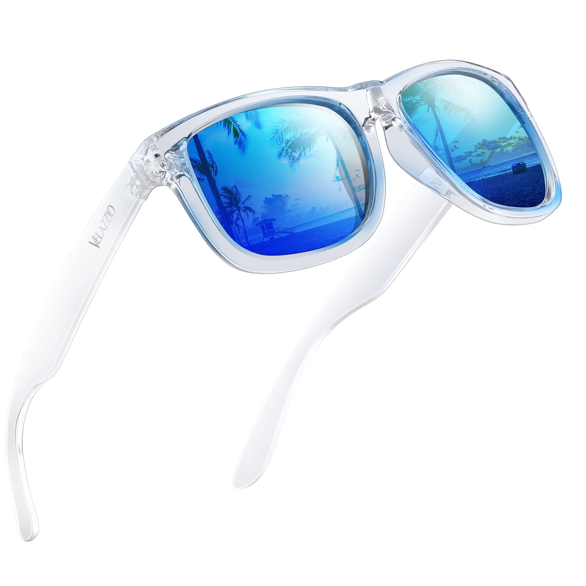 VELAZZIO Polarized Sunglasses for Men Women UV400 Protection Unisex Sunglasses Ultralight Frame for Driving Cycling Skiing, Clear Frame Blue Lens