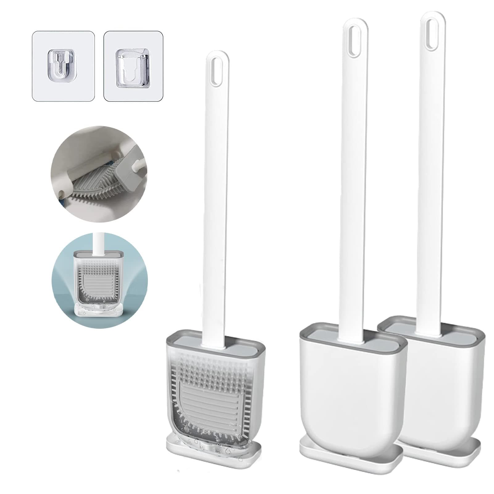 GROLF Silicone Toilet Brush with Holder Sets - 2 Pack, Deep Cleaner Toilet Brushes with No-Slip Plastic Handle and Soft Bristles Silicone Toilet Brush and Quick Drying Holder Set for Bathroom Toilet