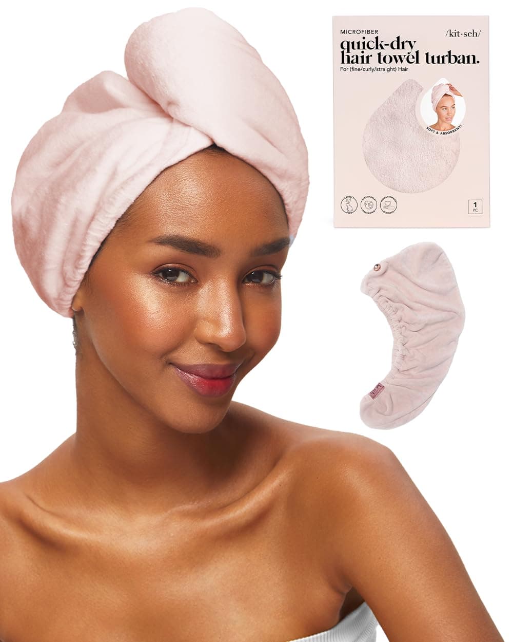 Kitsch Women's Microfiber Hair Towel Wrap, Hair Turban to Dry Wet Hair, Easy Twist Hair Towel (Blush)