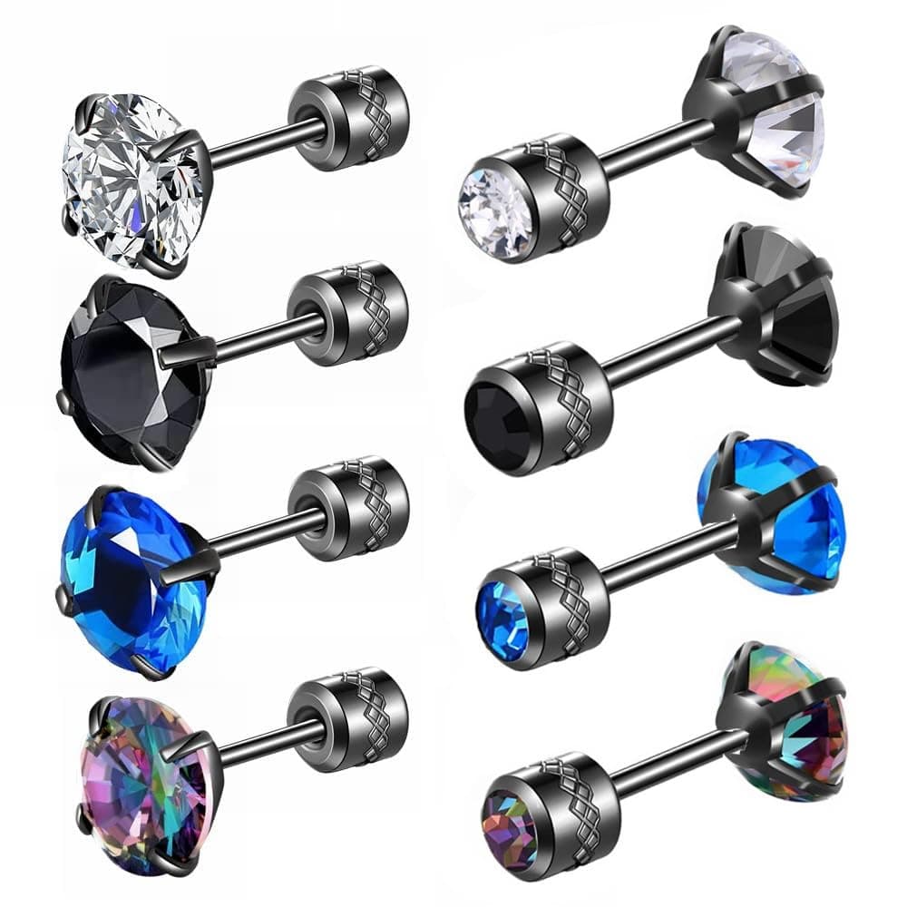 4 Pairs Titanium Screw Back Surgical Stainless Steel Earrings for Women Men,Rainbow 5A Cubic Zirconia Studs Double Side Earrings Piercing Sleeper Jewelry 6mm