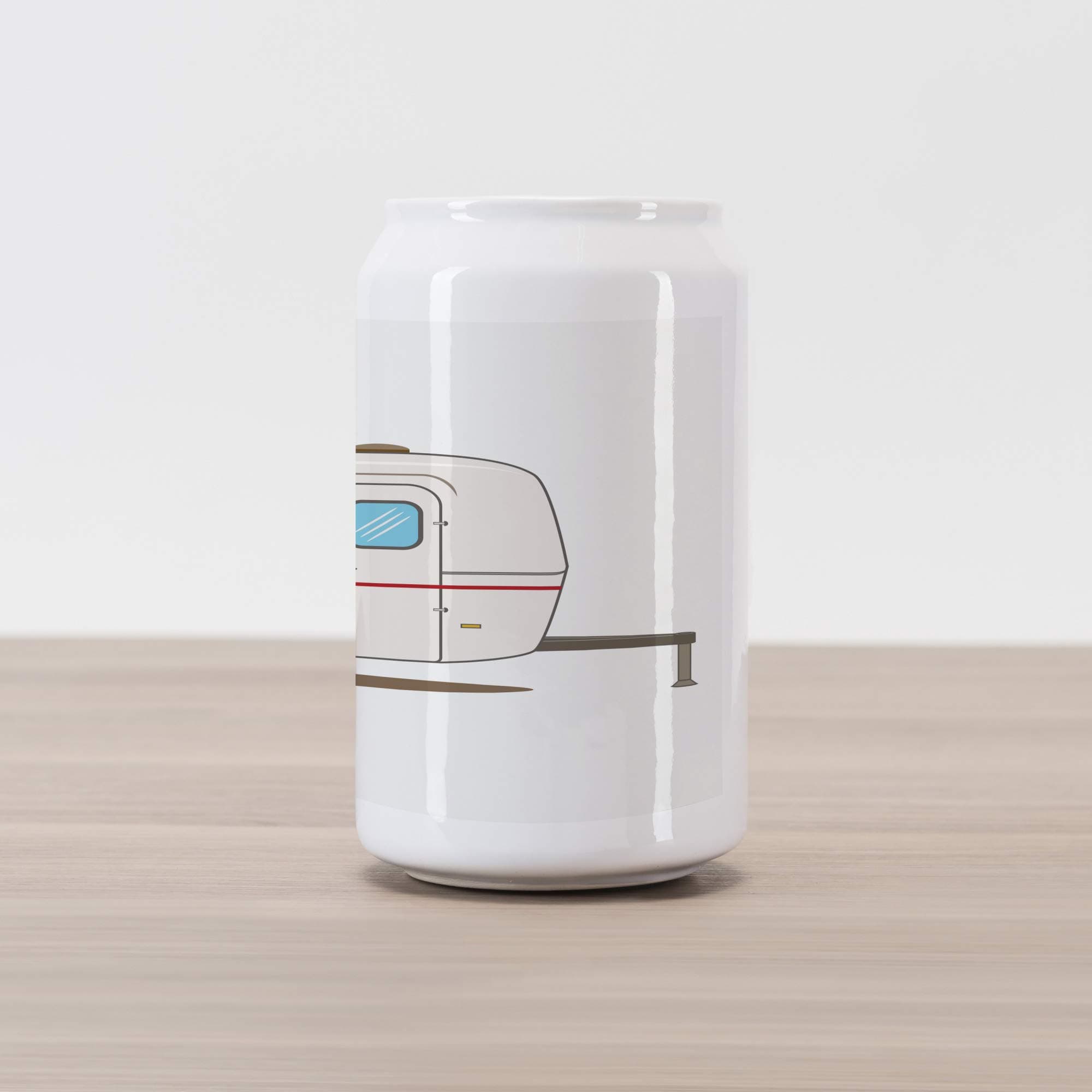 Lunarable Camper Cola Can Shape Piggy Bank, Vintage Van Recreational Caravan Travelers Truck on The Road Retro Graphic Design, Ceramic Cola Shaped Coin Box Money Bank for Cash Saving, Beige