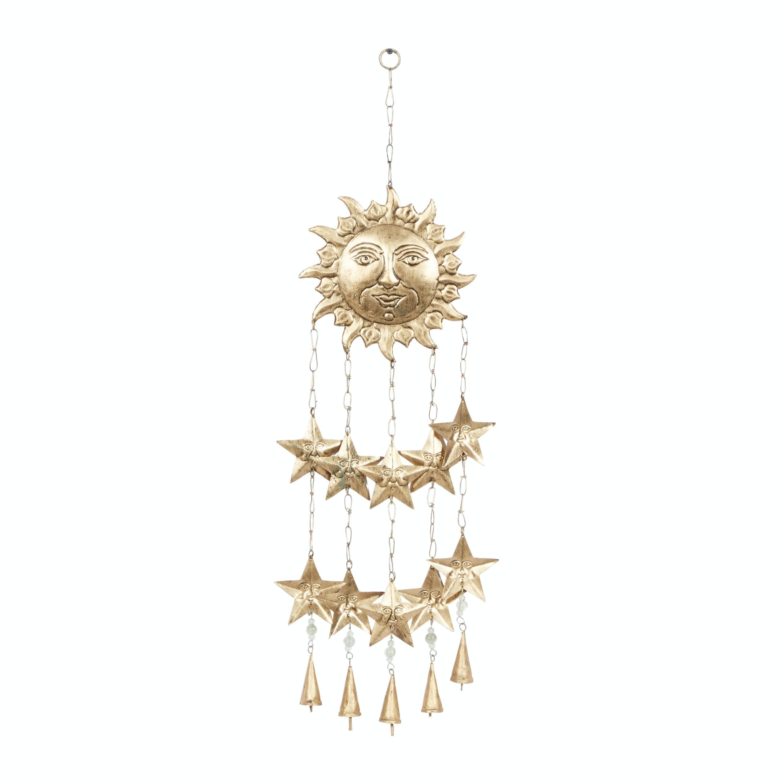 Metal Sun and Star Indoor Outdoor Windchime with Glass Beads and Cone Bells, 14" x 1" x 35", Gold