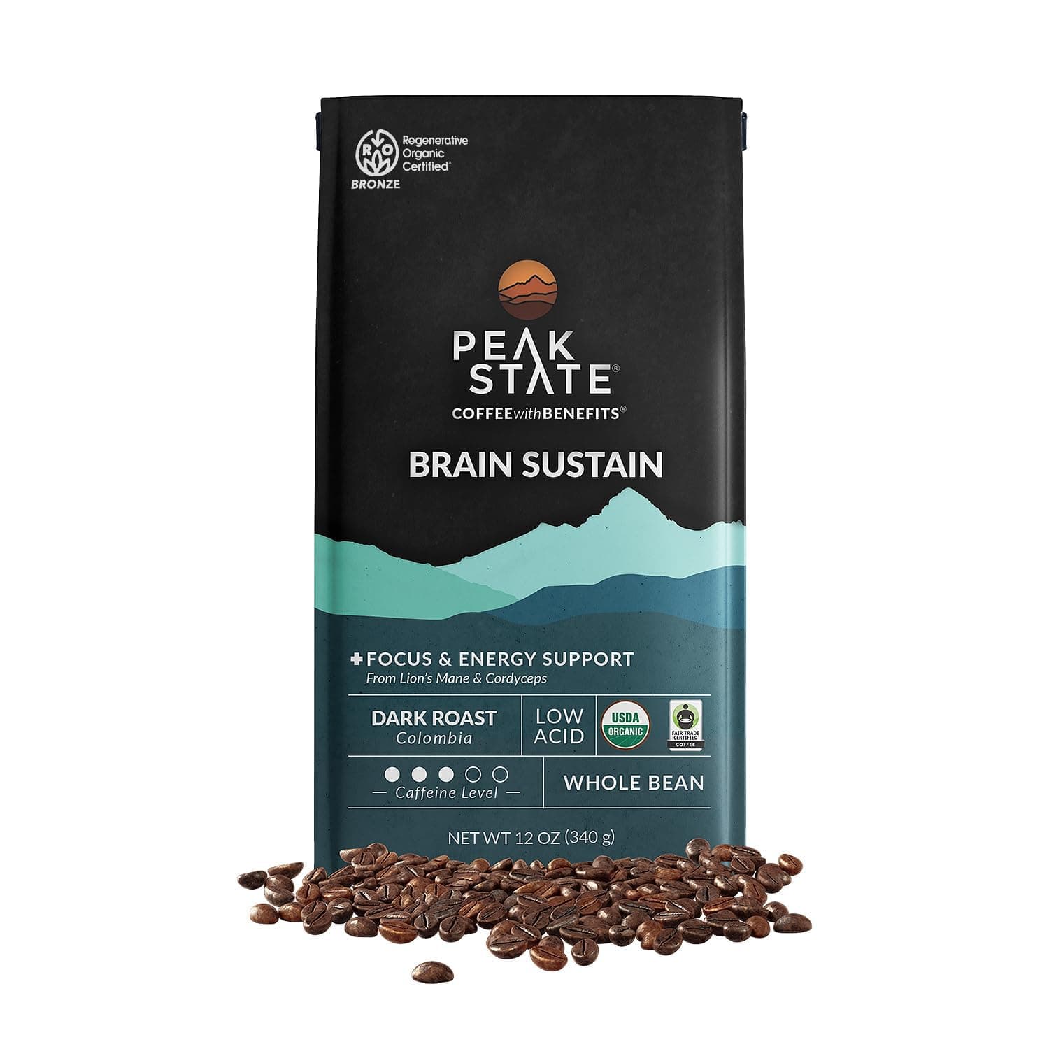 Peak State BRAIN SUSTAIN Coffee - Dark Roast - Whole Bean Lion's Mane Mushroom Coffee - Mold Free, Mycotoxin Free, Organic, Non-GMO, Low Acid (12 oz, Whole Bean)