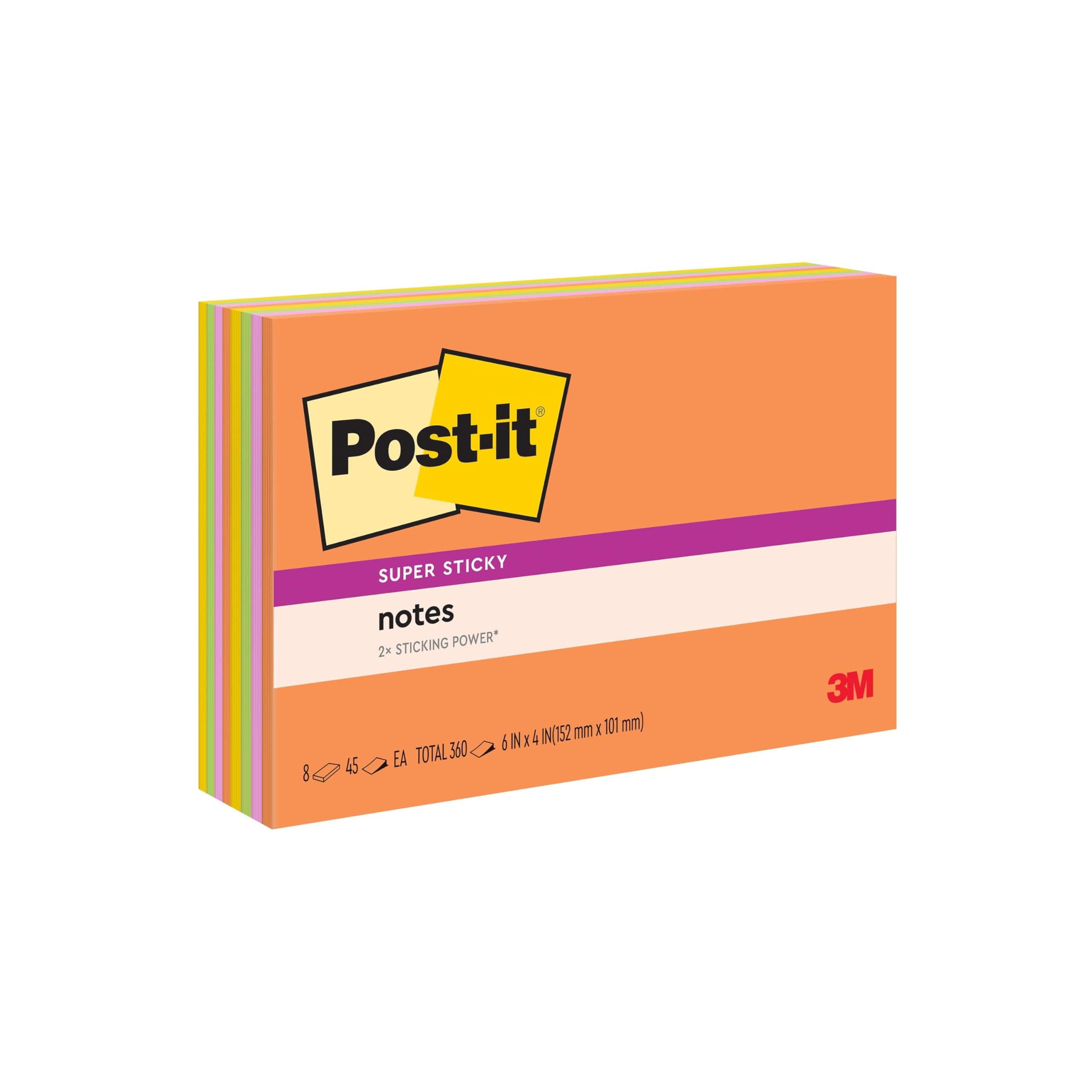 Super Sticky Notes, 6x4 in, 8 Pads, 2x the Sticking Power, Rio de Janeiro Collection, Bright Colors (Orange, Pink, Blue, Green), Recyclable (6445-SSP)