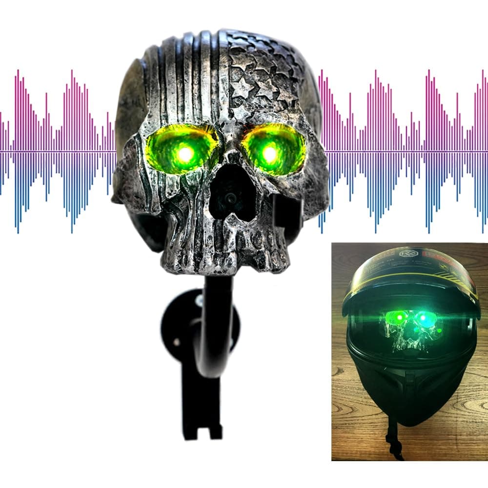 Motorcycle Helmet Rack - Sound Activated Skull Helmet Holder Wall Mount with Light Up Eyes and Creepy Sounds - Versatile Helmet Holder for Helmets, Coats, Caps