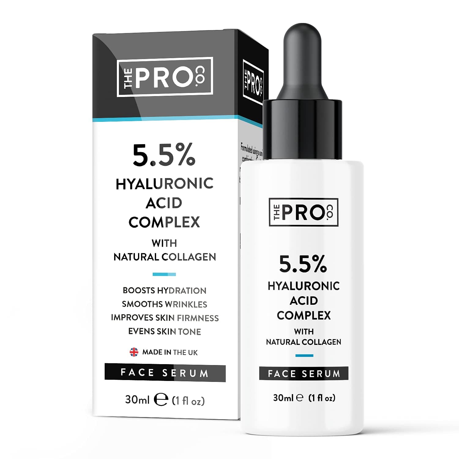 Hyaluronic Acid 5.5% Super Serum - from 4 Types of Sodium Hyaluronate - with Vegan Collagen & Amino Acids - Hydrates, Brightens, Firms Skin - Anti-Ageing, Anti-Wrinkle Face Serum - Made by The Pro Co.
