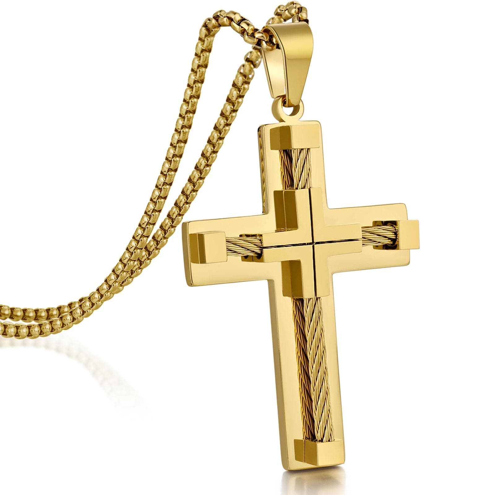 DowosDowos Cross Necklace for Men,Mens Cross Necklace,Stainless Steel Cross Pendant necklace for men,Jewelry Gifts for Men Boys, with Strong Stainless Steel Box Chain