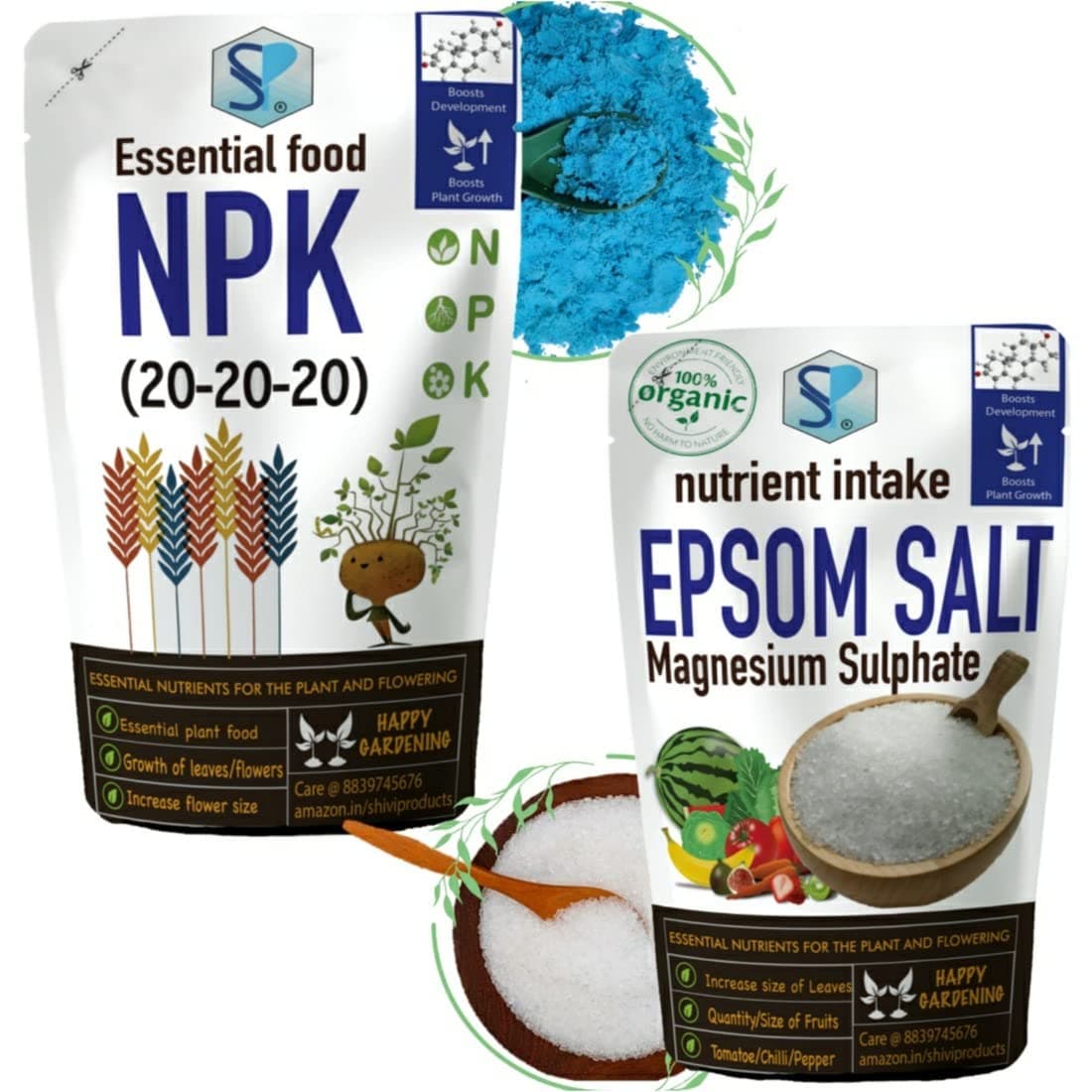 Shiviproducts npk 20 20 20 (300 gm) and Epsom Salt (150 gm) for Plants Flowering and Growth | fertilizers for plants home garden
