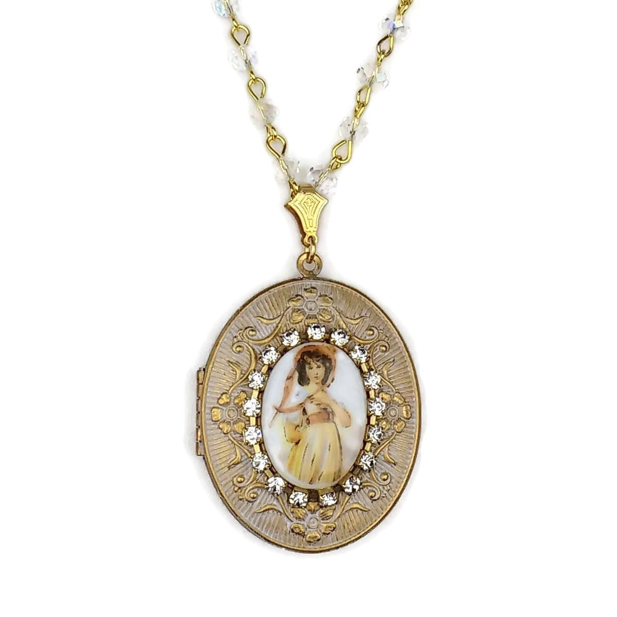 Vintage Pinkie Rhinestone Brass Locket Necklace, Rosary Chain, Reclaimed Jewelry, One of a kind