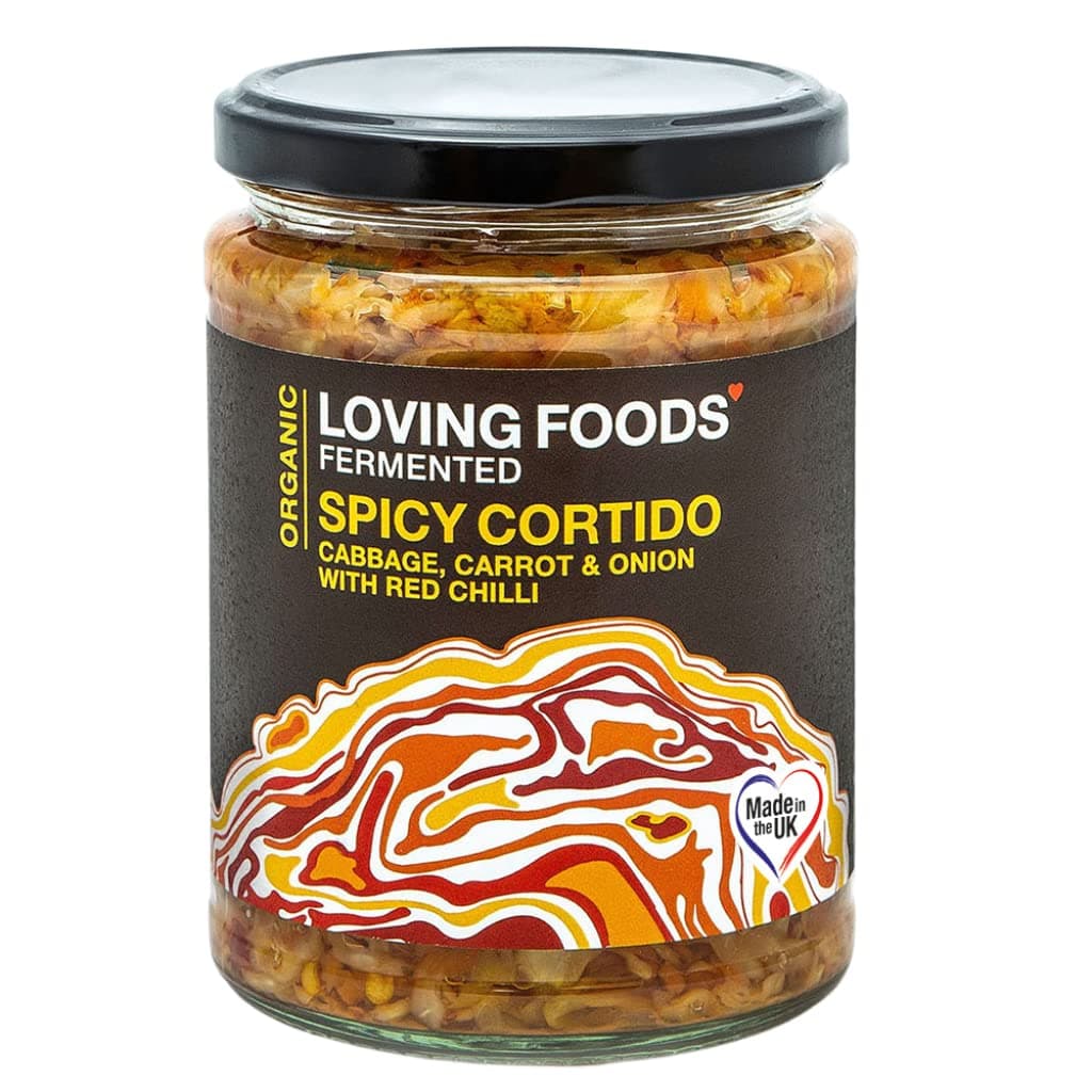 Loving Foods *Organic & Made in the UK* Spicy Cortido Sauerkraut (475g) Raw, Unpasteurised & Bursting with Beneficial Live Bacteria (1 x Jar)