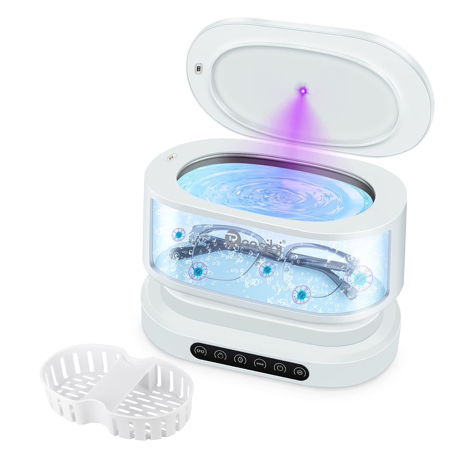 Reesibi UVC Disinfection Lamp Ultrasonic Cleaner - 45KHz Ultrasonic Jewelery Cleaner 500ml Ultrasonic Cleaner Machine with Cleaning Basket Four Adjustable Modes for Jewellry/Glasses/Watch