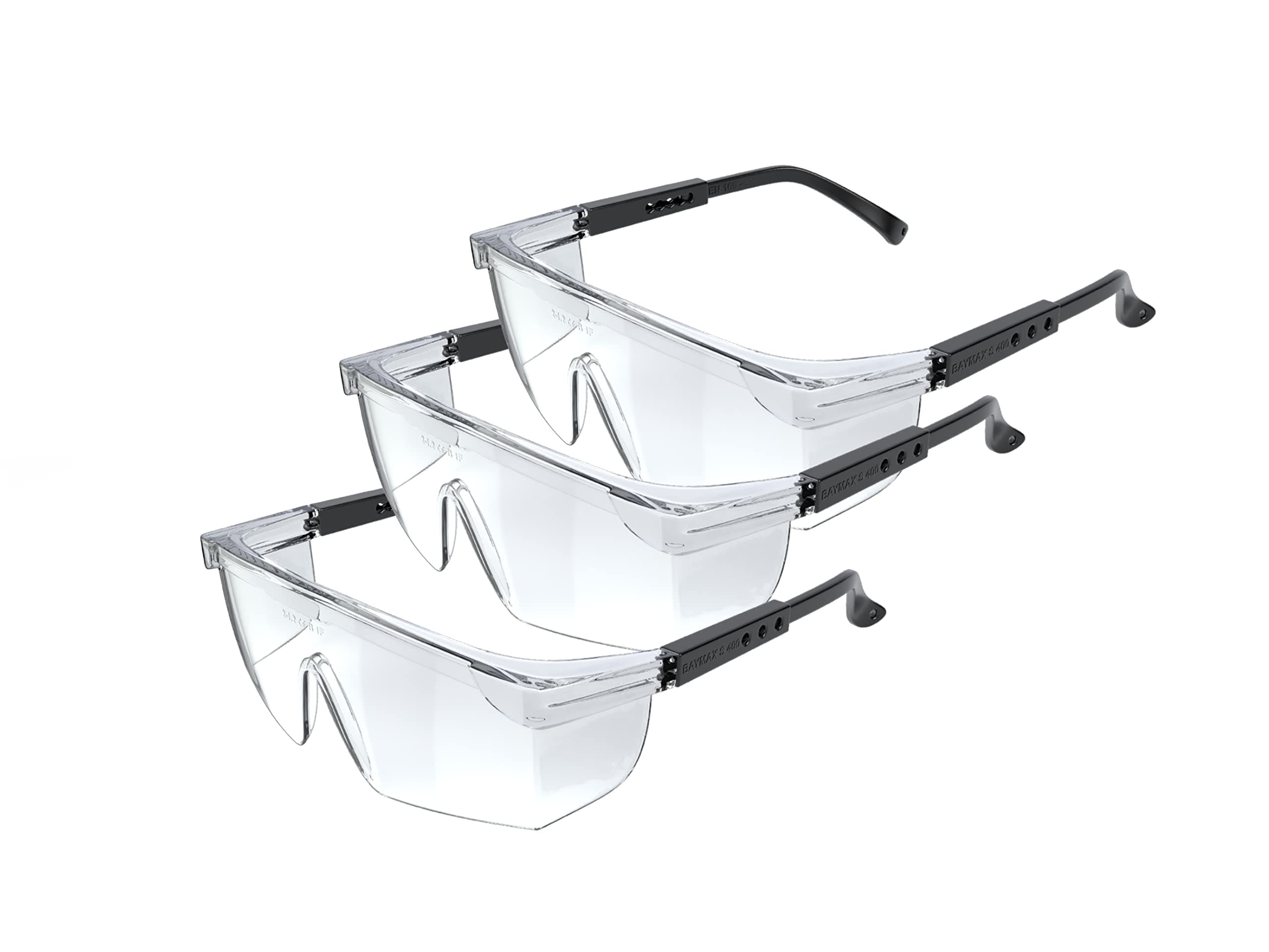 3 Pack Baymax Safety Glasses with Clear Anti Fog Scratch Resistant Wrap-Around Lenses and No-Slip Grips, UV Protection. Adjustable, Black Frames