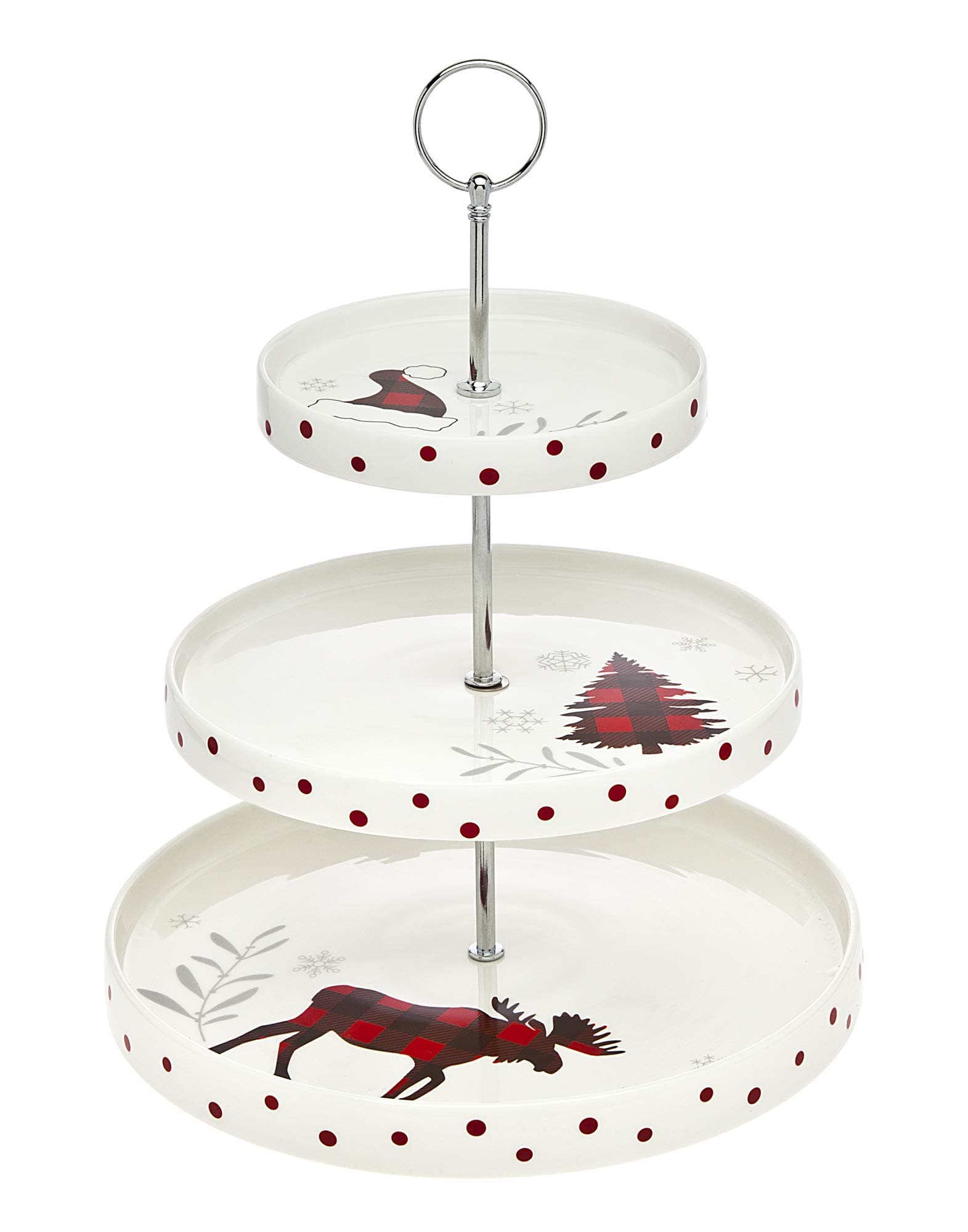 Godinger Holiday 3 Tier Tray Christmas Themed Plaid Icons on Platter