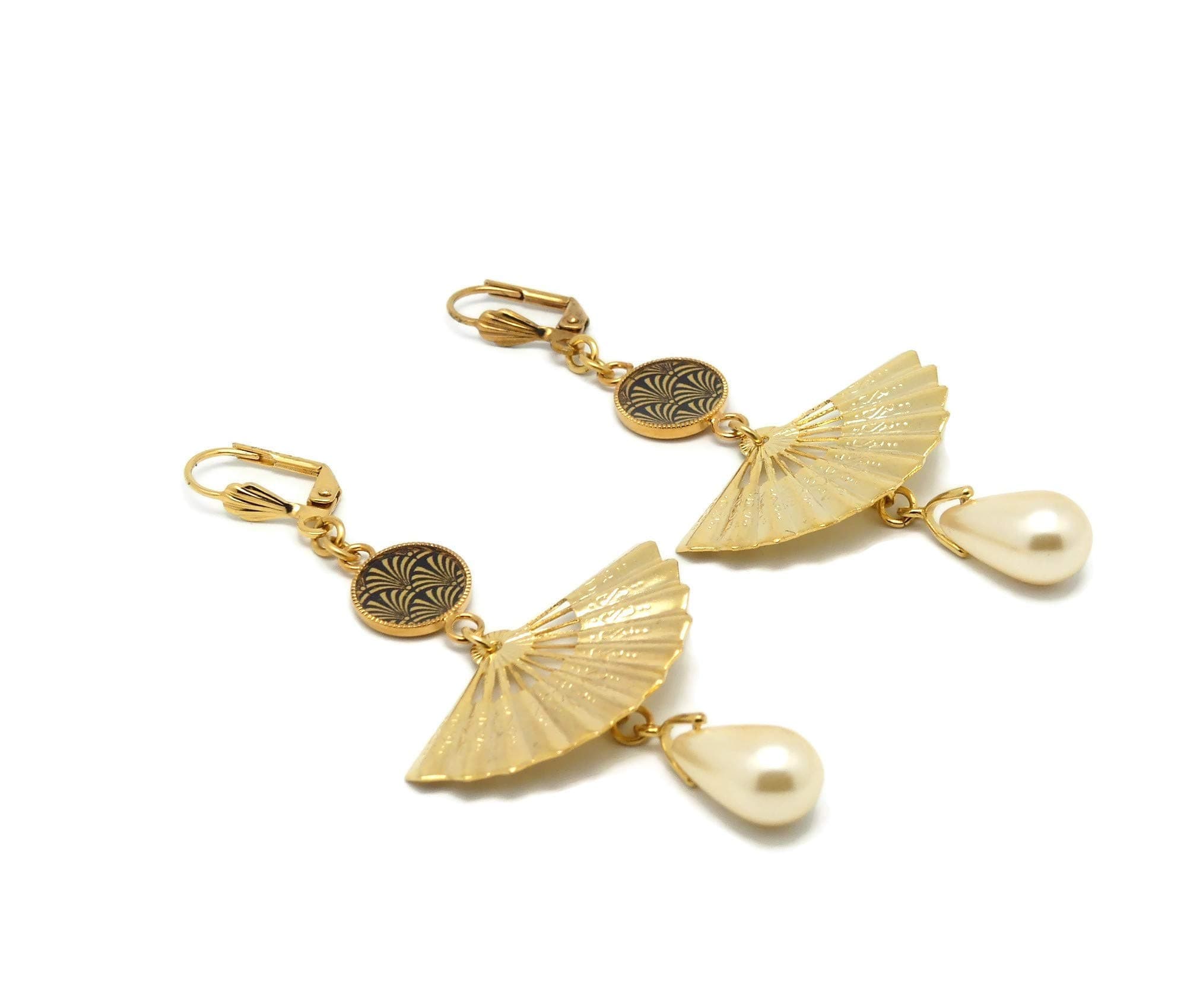 24K gold earrings resin pearl arabesques fan art deco black gold