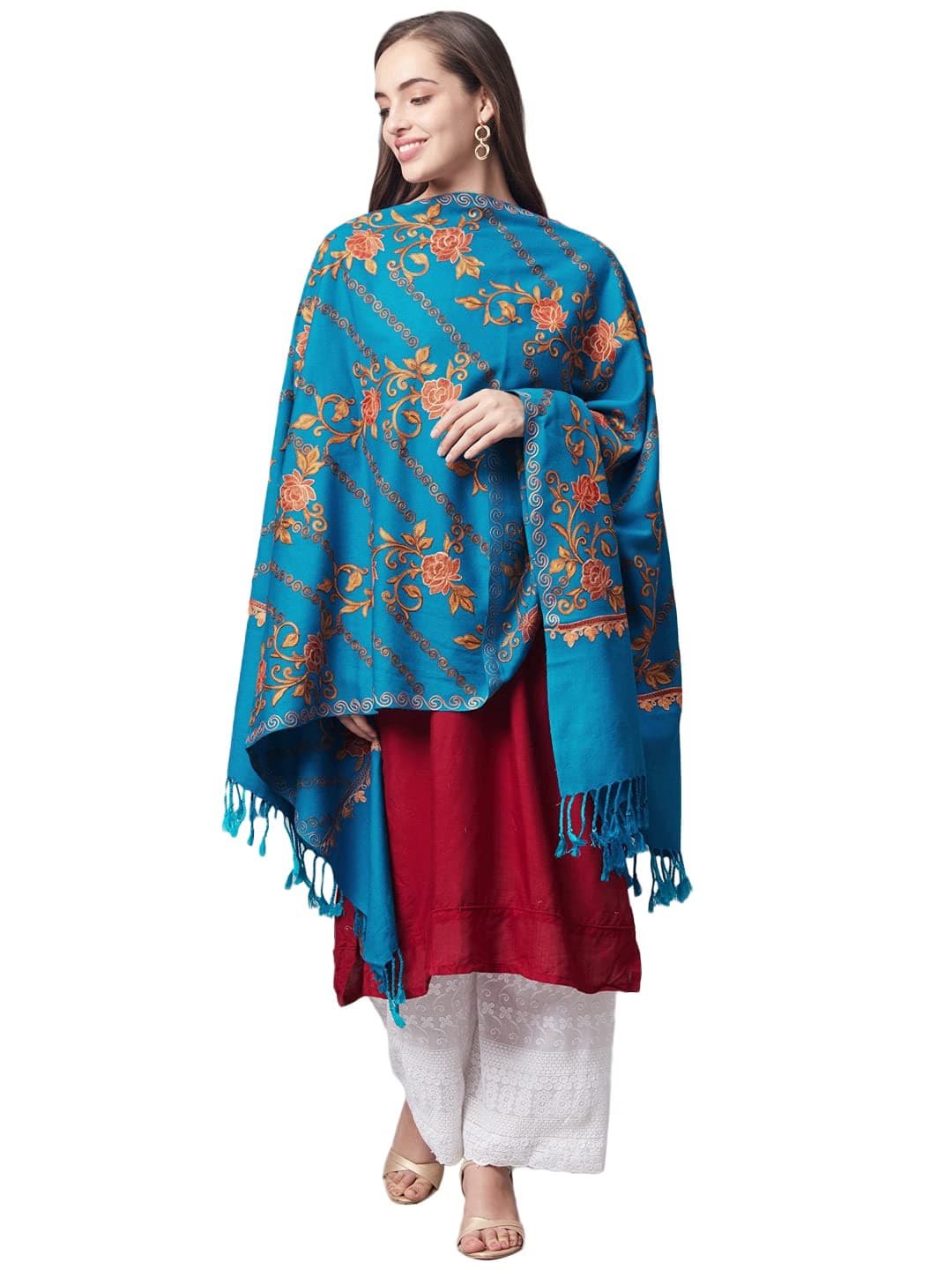 PashtushWomen Blue Coral Embroidered Designer Stole