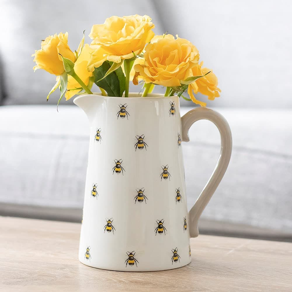 Ceramic Bee Pitcher Vase with Handle, Perfect for Real or Artificial Flowers, Garden Ornaments, Room Decor, Wedding Gift