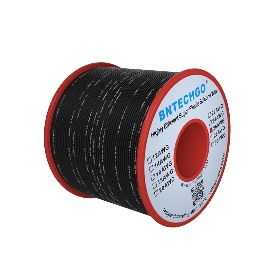 BNTECHGO 26 Gauge Silicone Wire Spool Black 250 feet Ultra Flexible High Temp 200 deg C 600V 26 AWG Silicone Rubber Wire 30 Strands of Tinned Copper Wire Stranded Wire for Model Low Impedance