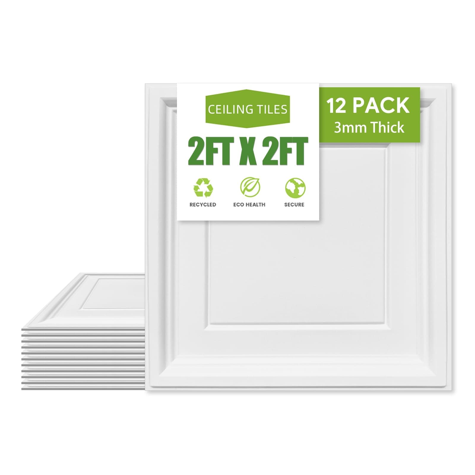 2ft x 2ft Drop Ceiling Tiles, White Icon Relief Ceiling Tiles 24 x 24in. Waterproof, Washable and Fire-Rated - Reusable - High-Grade PVC to Prevent Breakage Cover 48 Sq. Ft, Pack of 12 Tiles