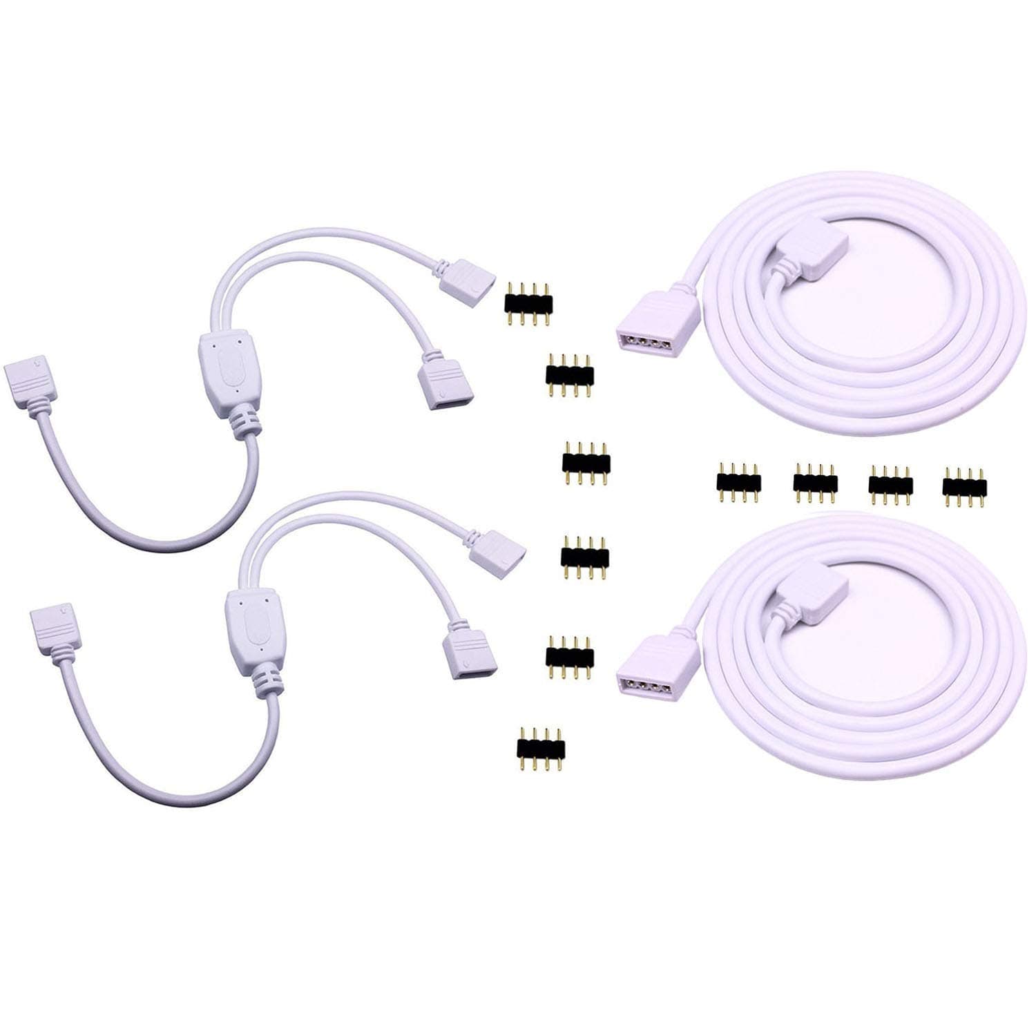 2PCS 4 Pin RGB LED Splitter Cable LED Strip Connector 2 Way Splitter Y Splitter Connection with 2PCS 4 Pin 1m 3.3ft RGB Led Strip Light Extension Cable 5050 3528 LED Strip Connector Kit (White)