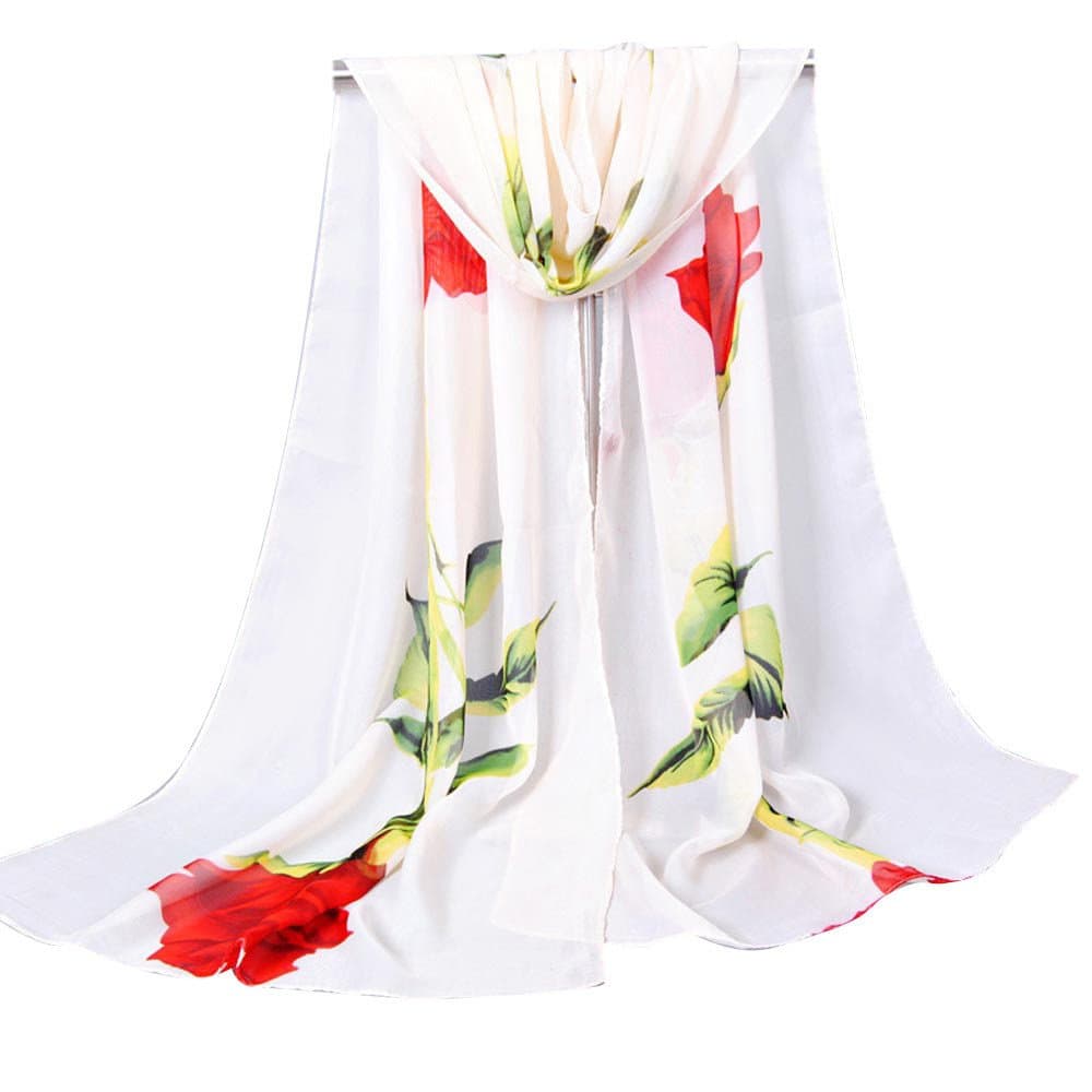 Ladies Chiffon Scrawl Rose Flower Long Soft Lightweight Wrap Scarf for Women (Beige)
