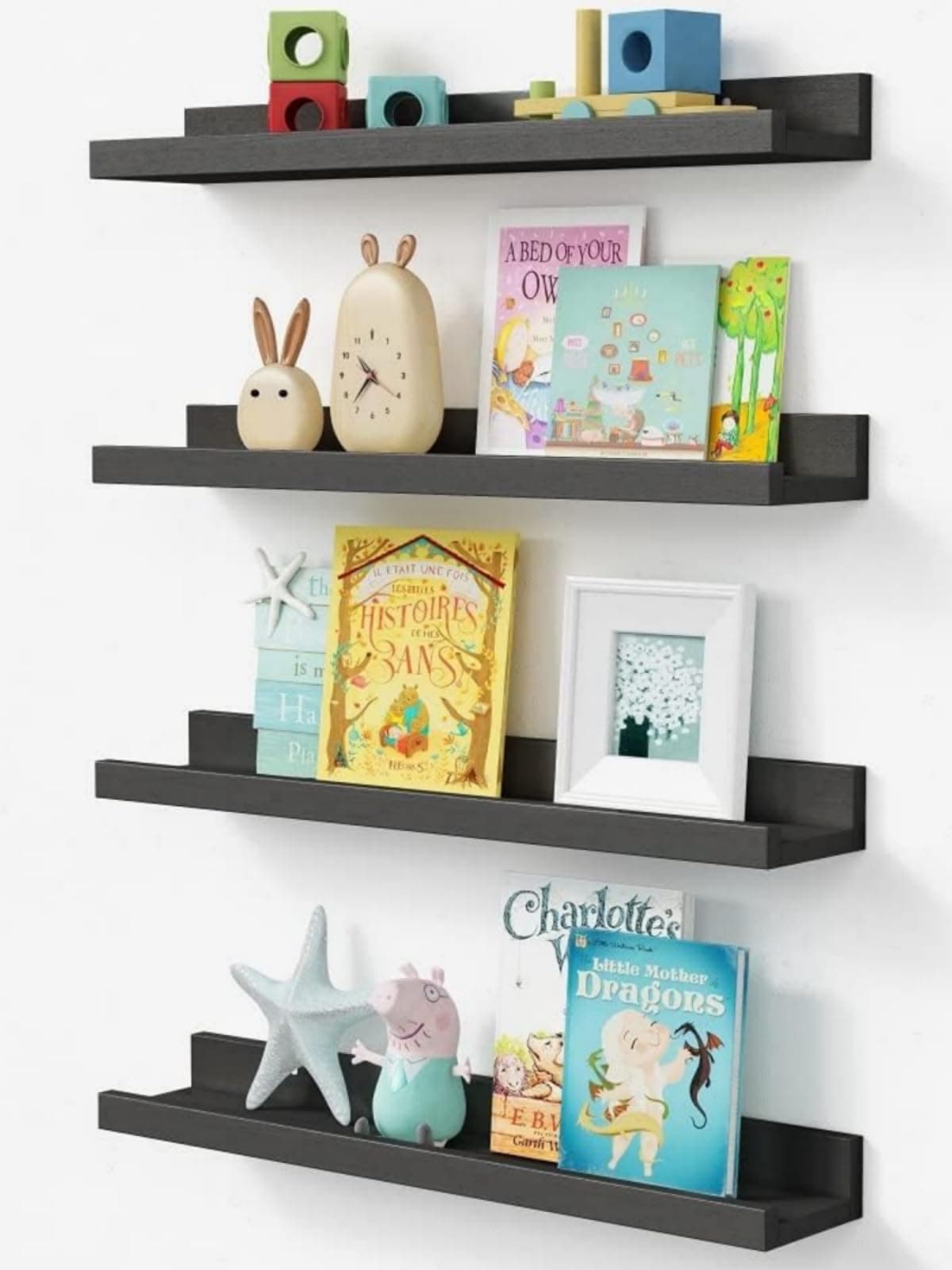 Forbena 24 Inch Long Picture Ledge Shelf Set of 4, Black Wood Floating Shelves for Wall with Lip, Rustic Display Shelves for Living Room Hallway Bedroom Office Photo Frames Bathroom Nail Polish