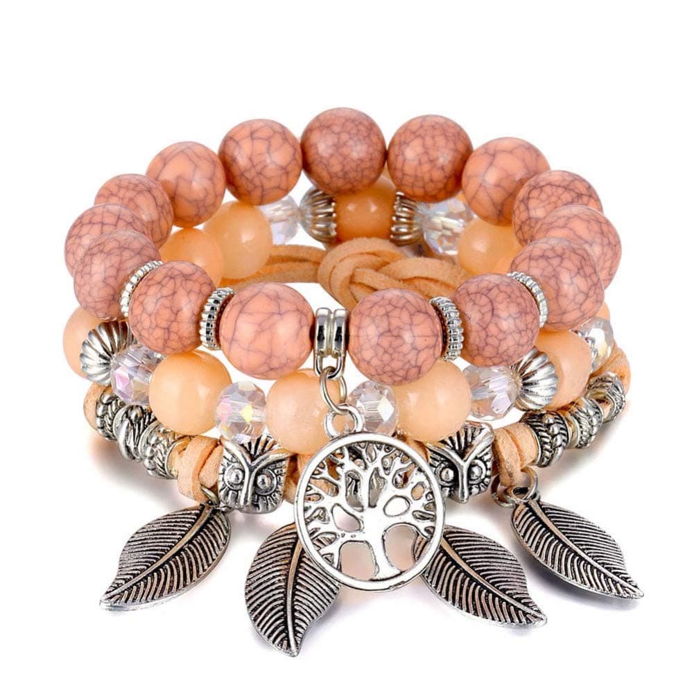 EOXO Chakra Bracelet Classic Tree Of Life Bracelet Set For Women Multilayer Natural Stone Vintage Leaf Charms Beads Bracelets & Bangles Jewelry Gifts pink
