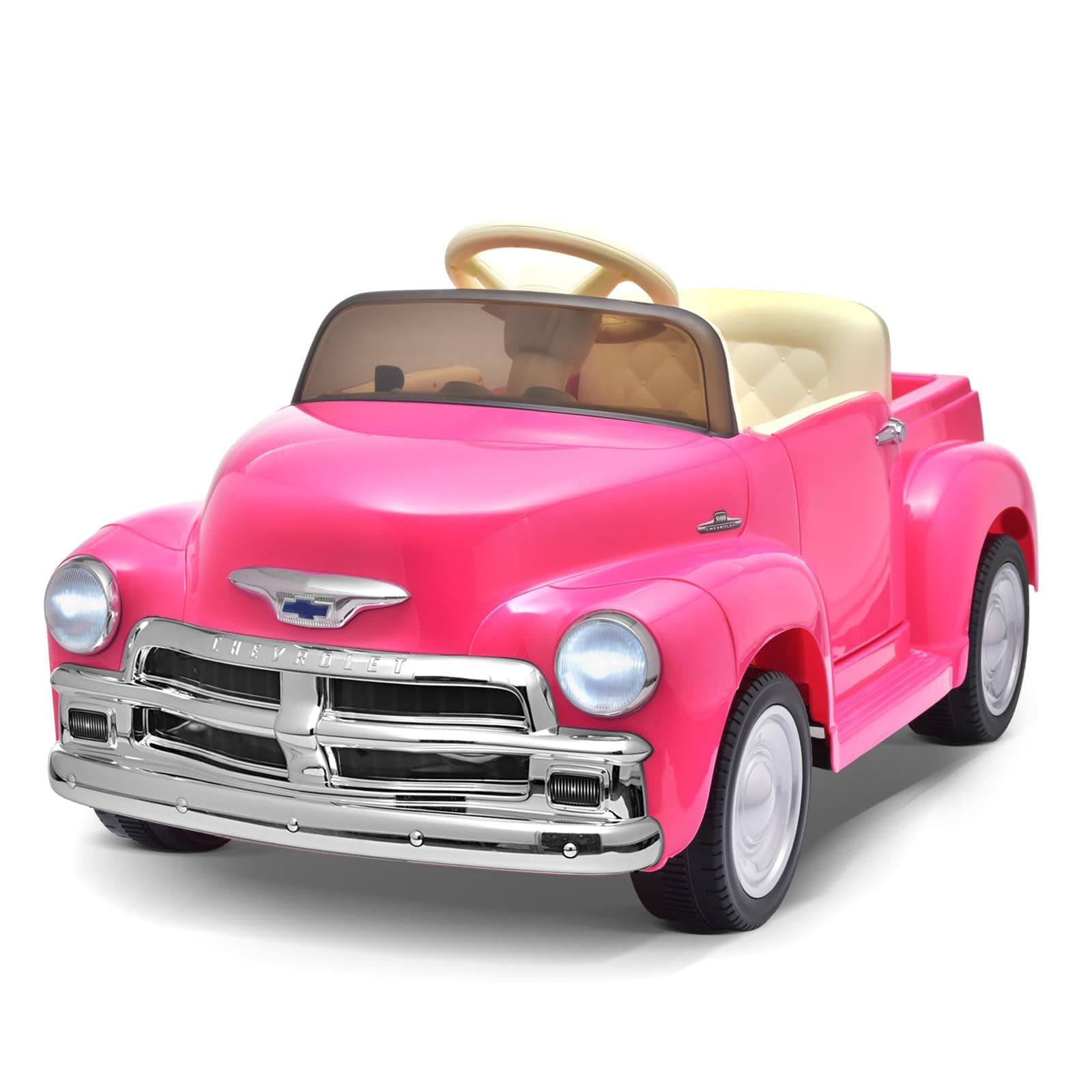 Joywhale 12V Kids Ride on Car Licensed Chevrolet 3100 Pickup Battery Powered Motorized Electric Car, with 7AH Big Battery, 2.4G Remote Control, 3-Speeds, Storage Space, Music, Retro Style, Pink