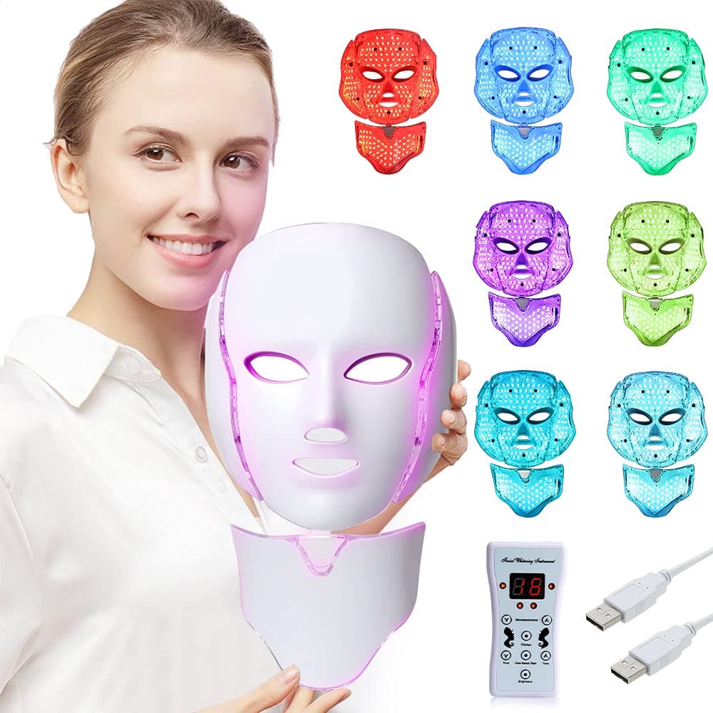 LED Face Mâsk Light Therapy | 7 Color Skin Rejuvenation Therapy LED Photon Mâsk Light Facial Skin Care Anti Aging Skin Tightening Wrinkles Toning Mâsk (For face & neck). (White)